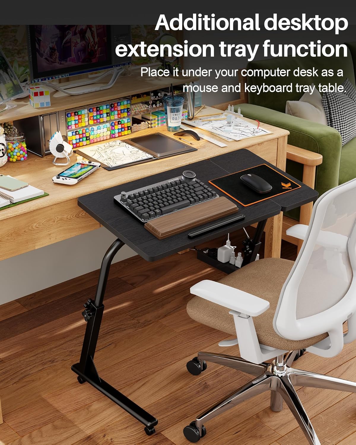 TV Tray Table, Mobile TV Dinner Trays for Eating on Couch, Folding Side Desk with Wheels, Tilt & Height Adjustable Snack Table Laptop Desk for Sofa Living Room Bedroom & Office (Black)