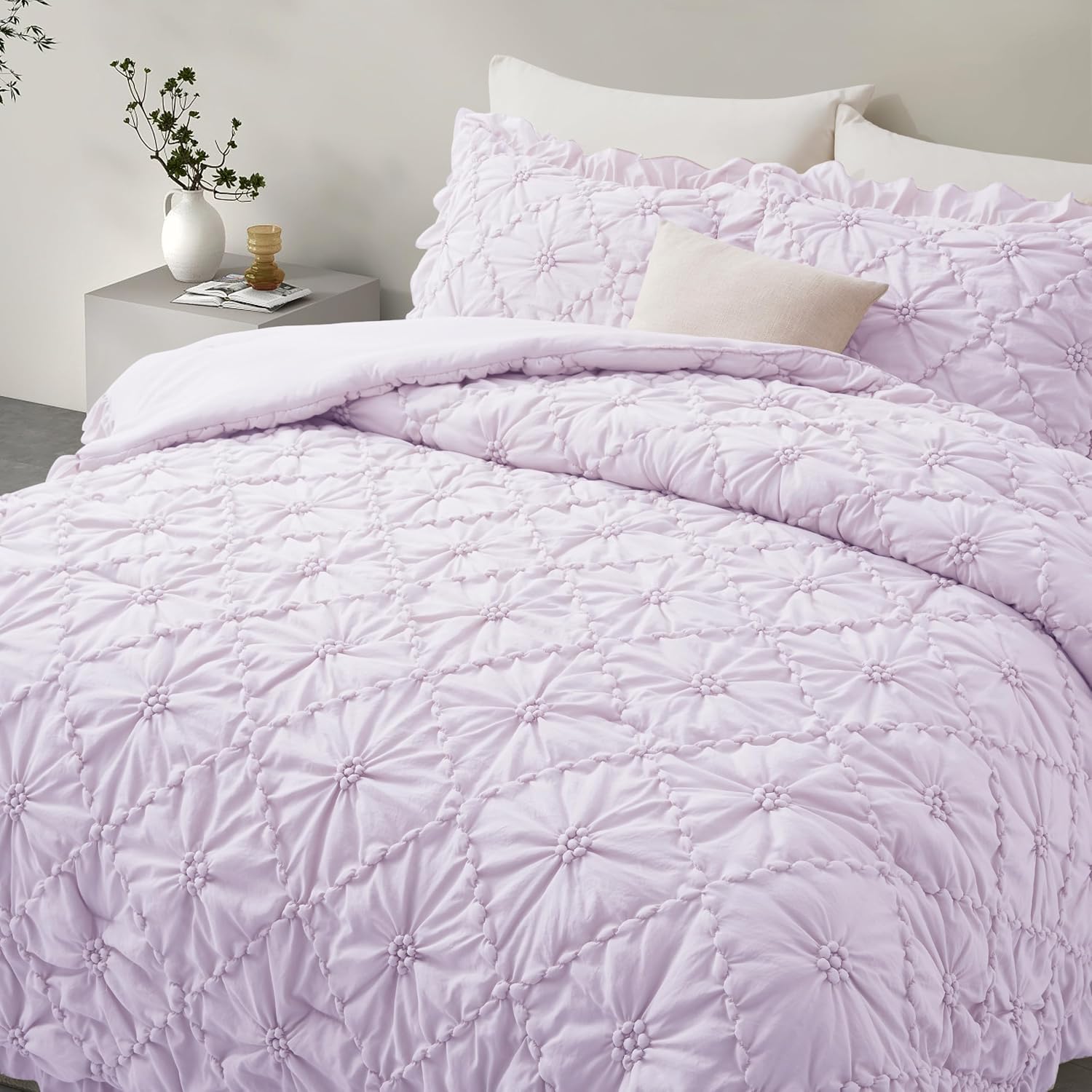 BEDAZZLED King Comforter Set for Girls, Purple Ruffle Pinch Pleat, 3 Pieces | Pintuck Design, Floral Texture, Soft & Fluffy, Shabby Chic Bedding, Farmhouse, Breathable, Lightweight