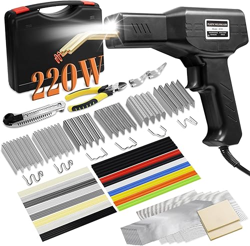 Soldador de plástico de 150 W, kit de soldadura de plástico, reparación de parachoques de automóvil, 800 grapas calientes y 56 piezas, 7 tipos de