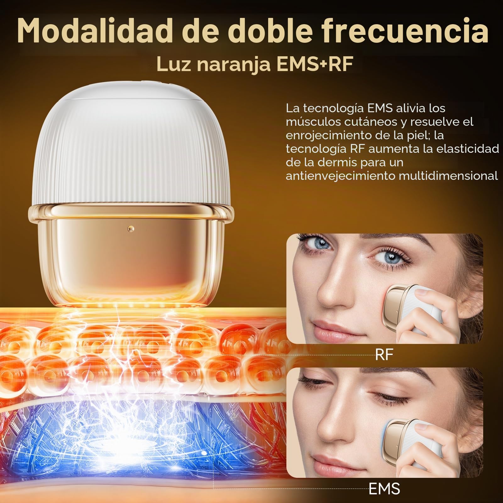ANLAN Mini Radiofrecuencia Facial, 24K Oro RF Aparato Reafirmante y Antiarrugas, EMS Masajeador Facial Antienvejecimiento, 3 Modos, 3 Niveles, IPX6