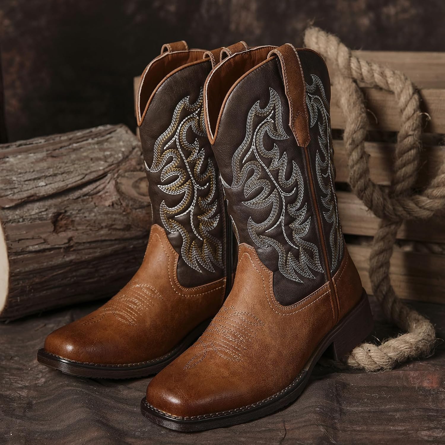 Cowboy Boots for Men, Square Toe Mid-Calf Western Boots