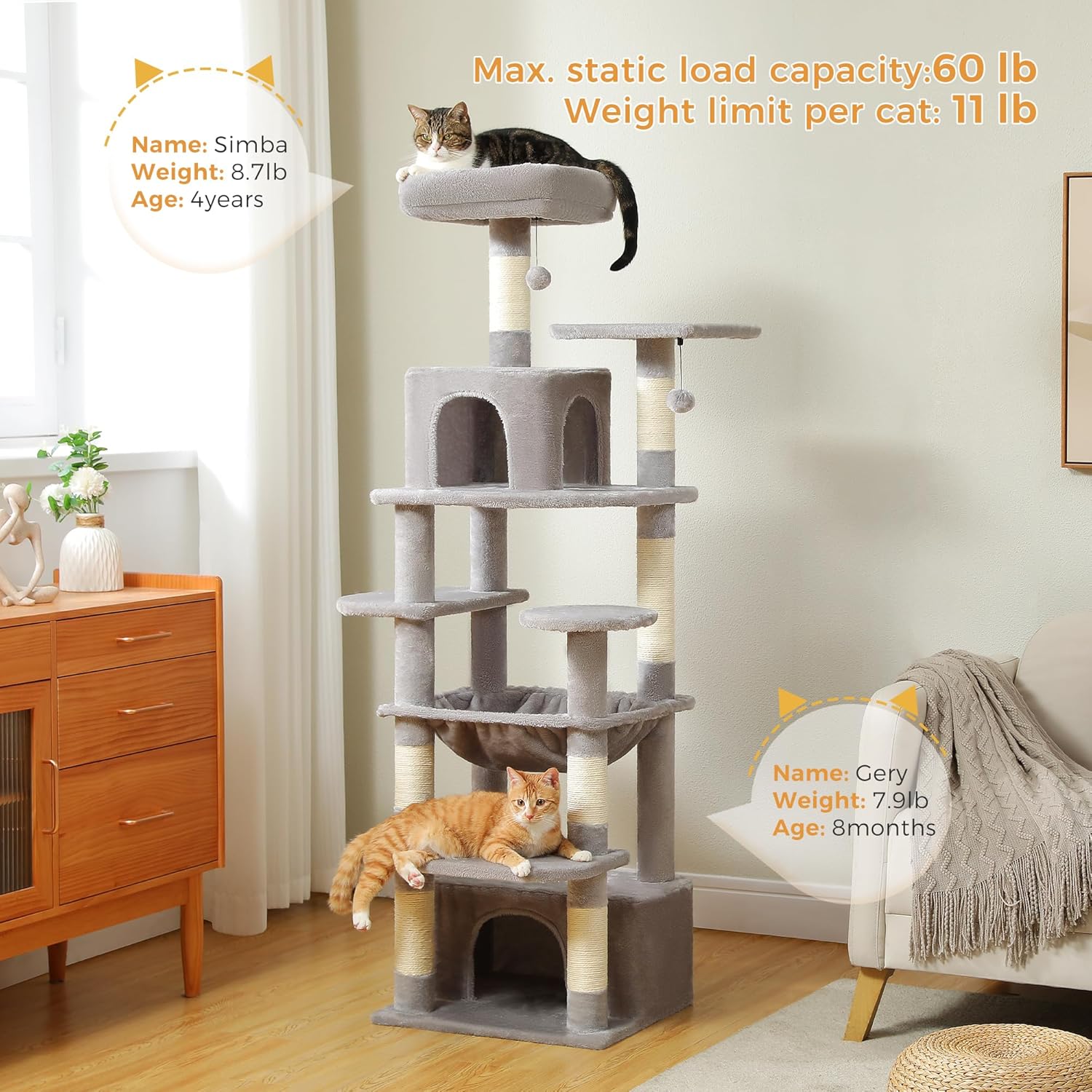 review Cat Tree 64 Inches Cat Tower with Hammock, Sisal Scratching Posts for Indoor Cats, Multi-Level Cat Activity Center with 3 Perches, 2 Condos and 2 Pompoms, Grey