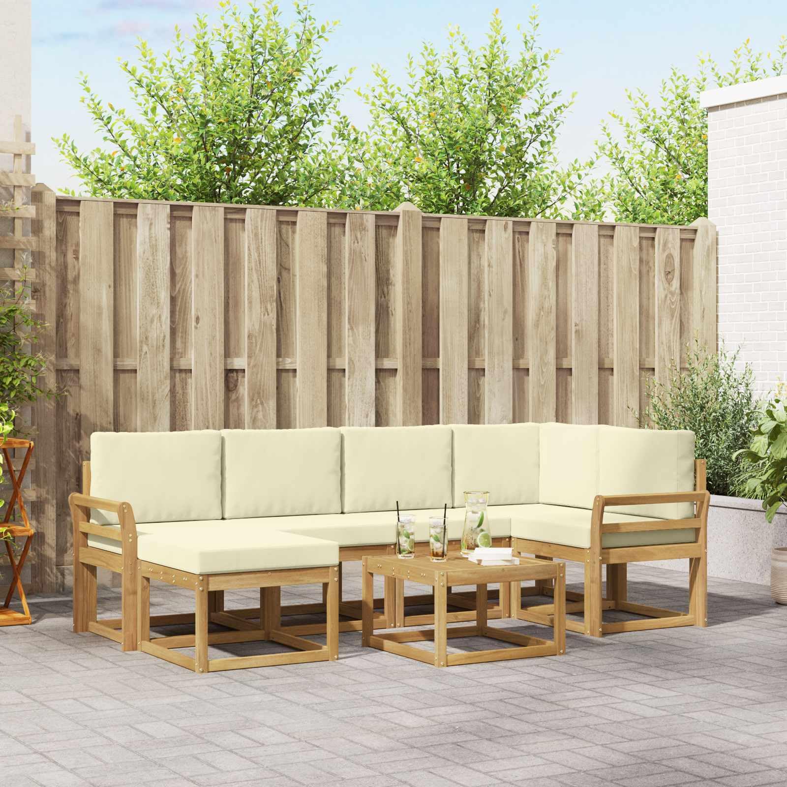 Outdoor-Sofagarnitur 7-teilig Weiß Creme aus massivem Akazienholz, Gartenset mit Tisch, Hocker, Sofas und Kissen, wetterbeständig, modular für Terrasse und Garten