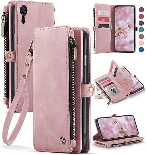 Defencase Funda compatible con iPhone XR con tarjetero de bloqueo RFID para mujeres y hombres, a la moda, de piel sintética, magnética, con cierre