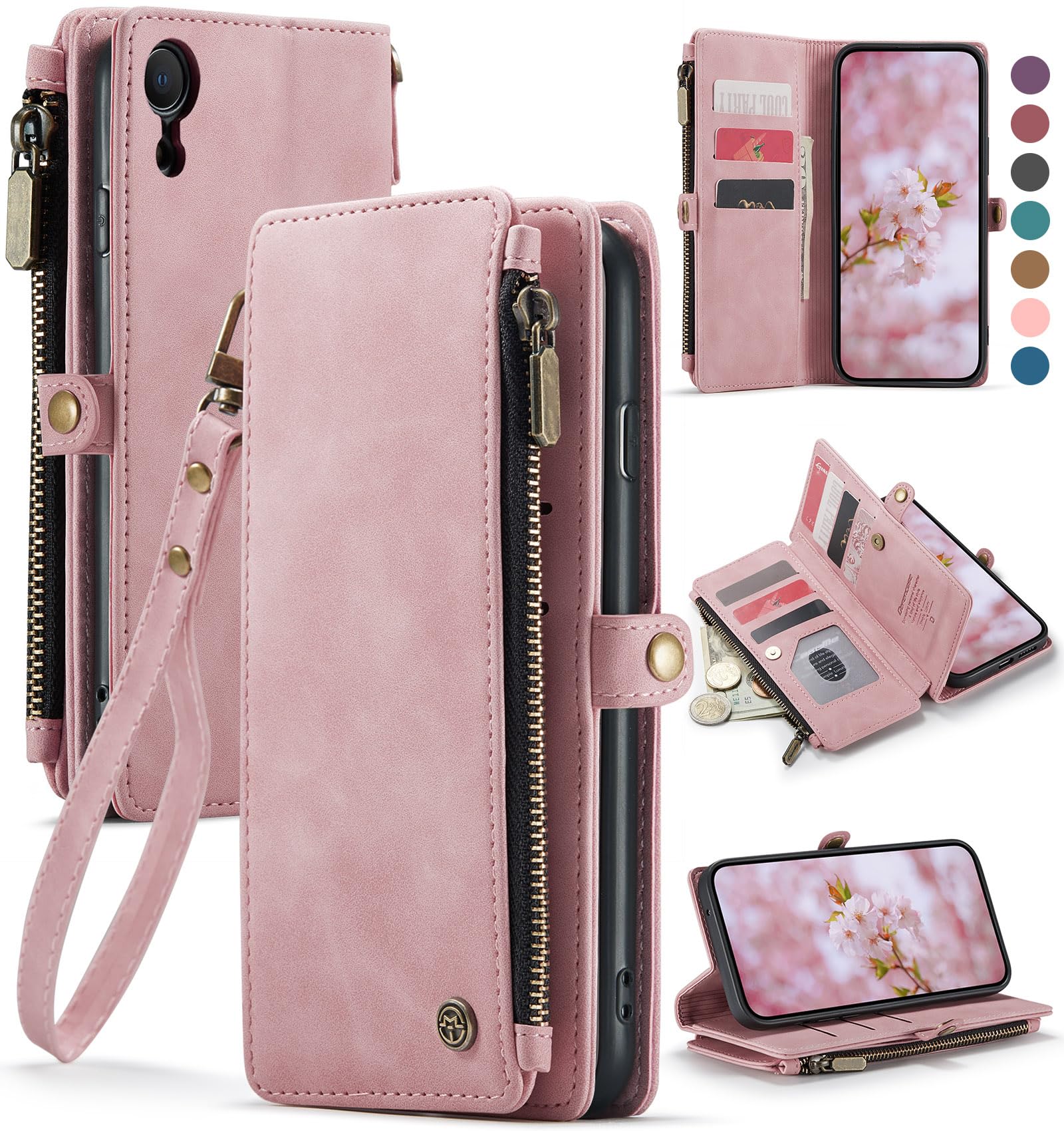 Defencase Compatible with iPhone XR Case Wallet with RFID Blocking Card Holder for Women and Men, Fashion PU Leather Magnetic Snap Flip Zipper Strap