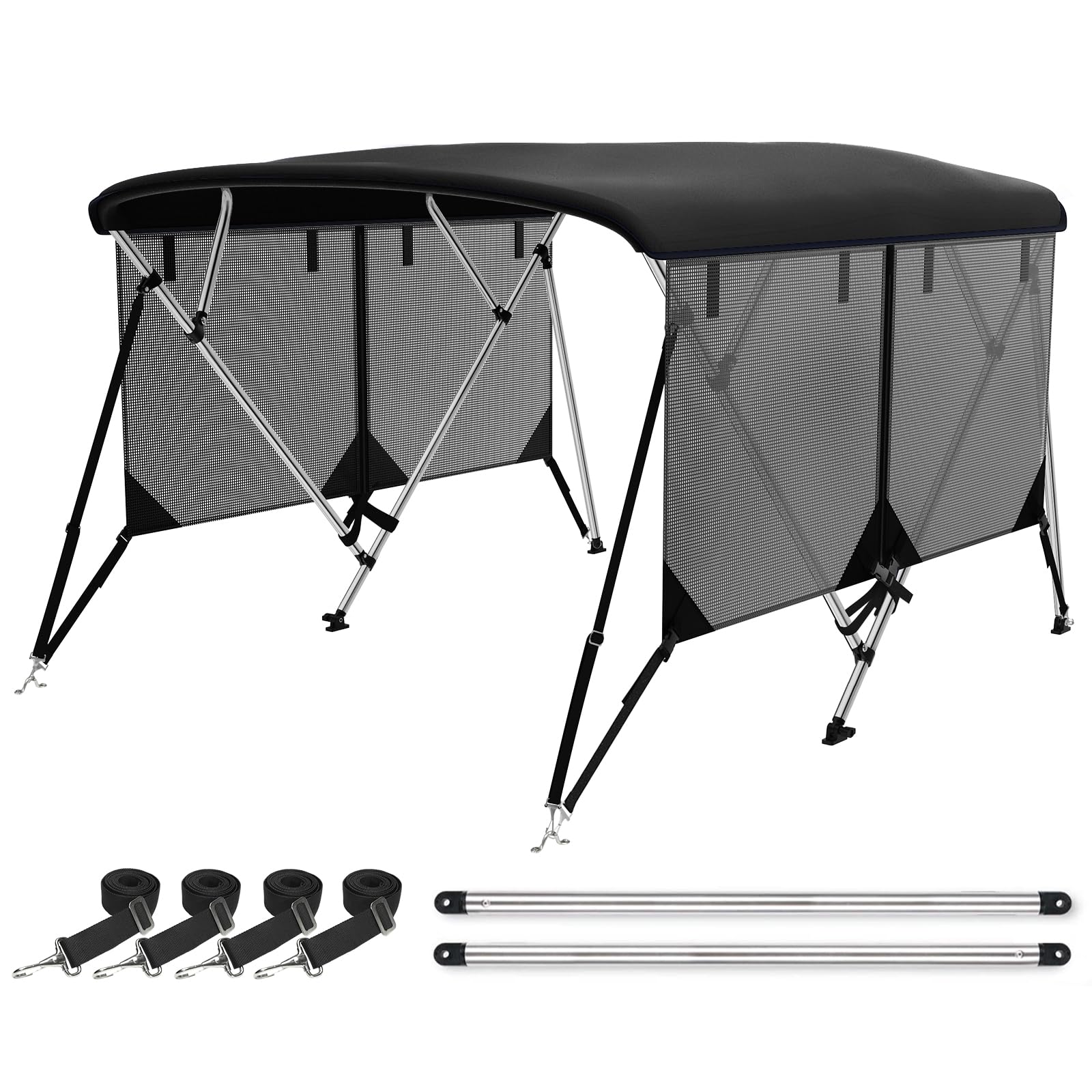 Photo 1 of Leader Accessories 3 Bow 4 Bow Bimini Top Cover for Boat with Mesh Sidewalls Includes 4 Straps 2 Rear Support Poles Storage Boot 1" Aluminum Frame (Black, 4 Bow 73"-78" W)