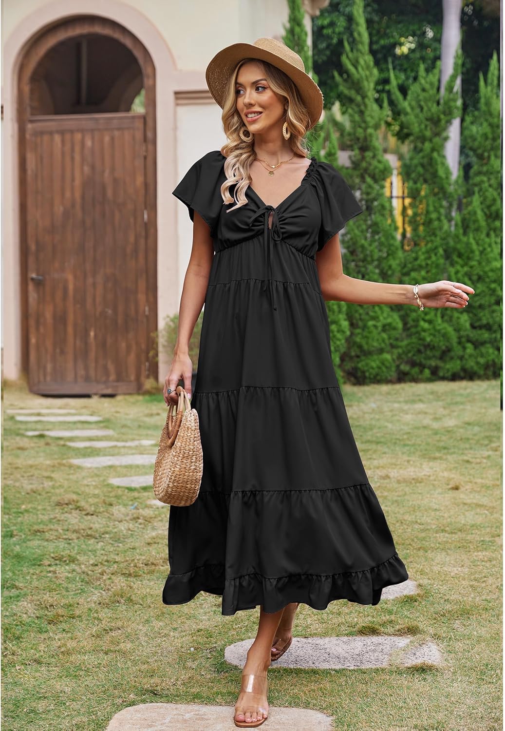 ECOWISH Womens Summer Maxi Dress 2026 Flutter Short Sleeve V Neck Tie Front Wedding Guest Vacation Tiered Flowy Dresses - Image 7