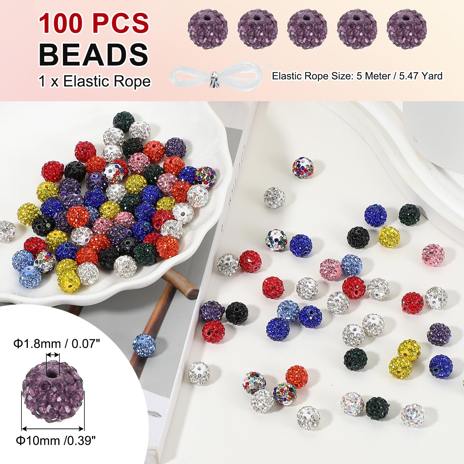 PATIKIL 100 Pcs Rhinestone Beads for Jewelry Making 10mm Shiny Round Disco Ball Beads Sparkle Crystal Clay Spacer with Hole for Bracelet Necklace DIY Crafting Light Purple - Image 2