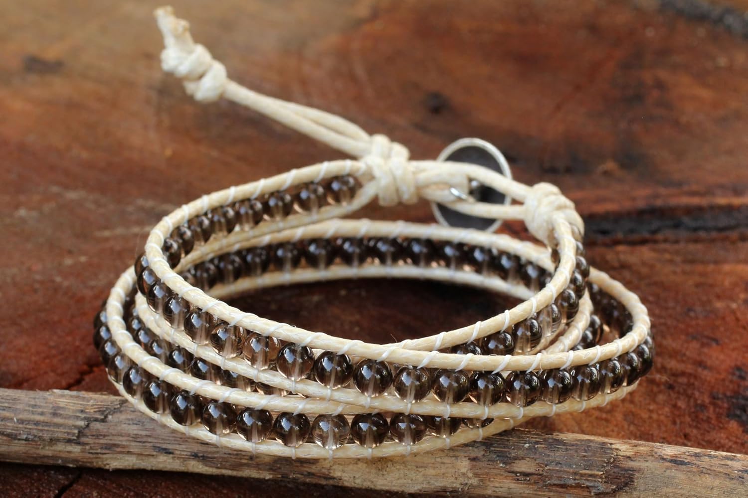 NOVICA Artisan Handknotted Smoky Quartz Wrap Bracelet Thai Fine Silver Brown Beaded Thailand Cognac Stormy Weather [20.25 in min L x 21.25 in max L x 0.3 in W] ' Subtle Sigh'