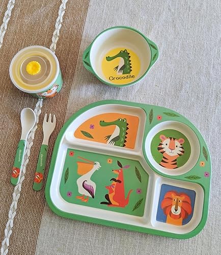 Miniatura 8 de Shopwithgreen - Juego de 5 piezas de fibra de bambú para la comida de los niños plato, tazón, taza, cuchara y tenedor decoración de dibujos