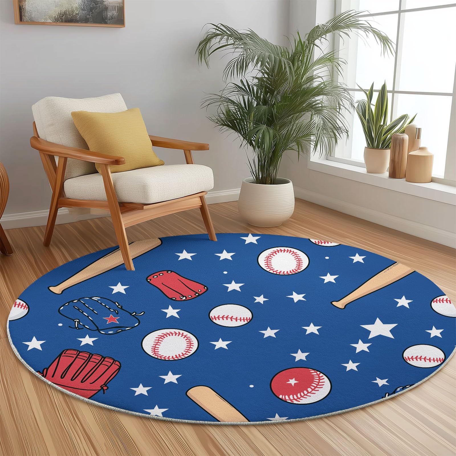 Tapis Rond 180 cm, Lavable & Antidérapant Doux à Poil Court, Motif Cartoon Baseball Étoiles Tapis pour Salon Chambre d'enfant d'amis Salle à Manger Bureau, Multicolore