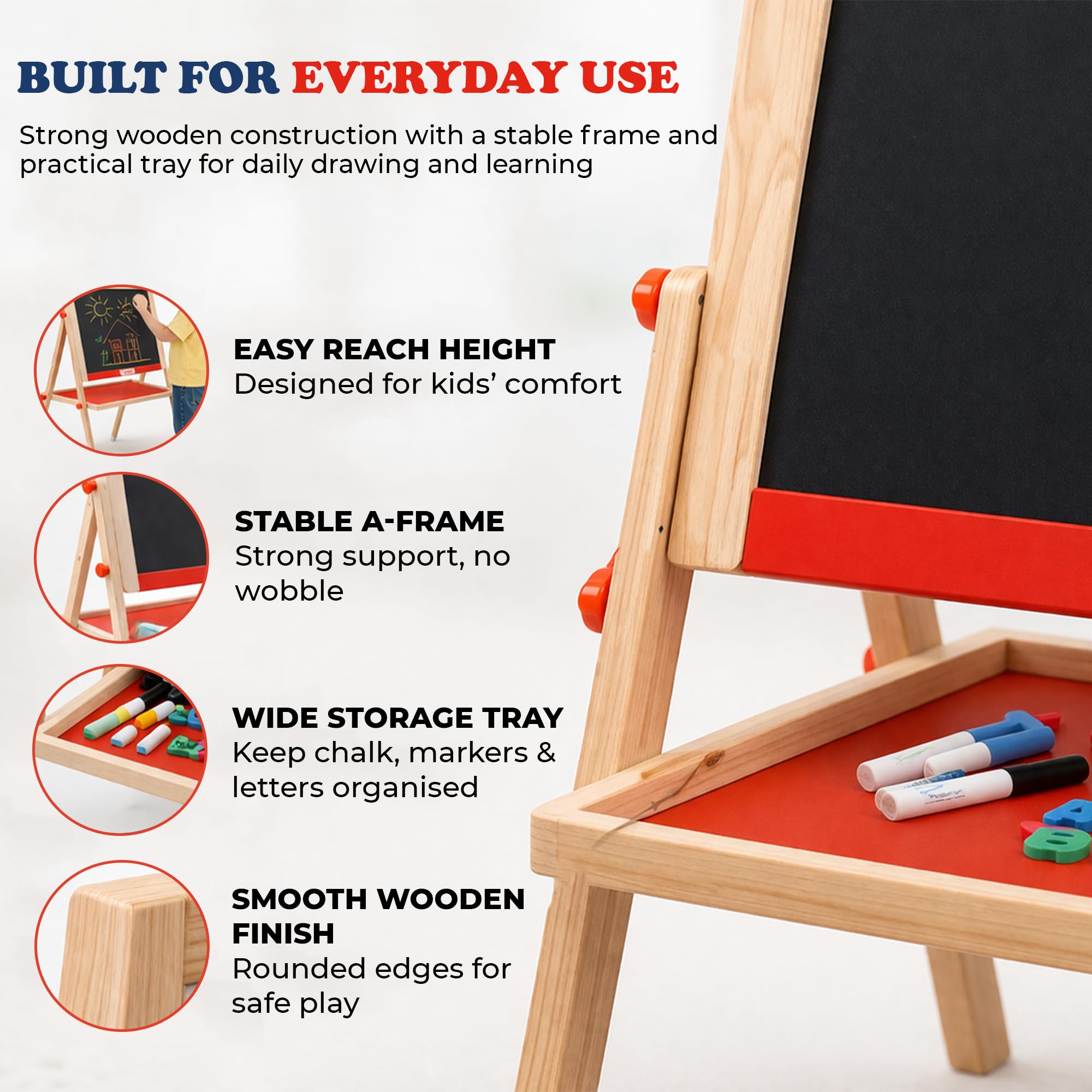 Wudly 3in1 Wooden Easel Board for Kids - Double Sided Magnetic Whiteboard and Blackboard with Chalk Duster Marker Adjustable Height Drawing & Writing Board Learning Writing Board for 3+ Years 4