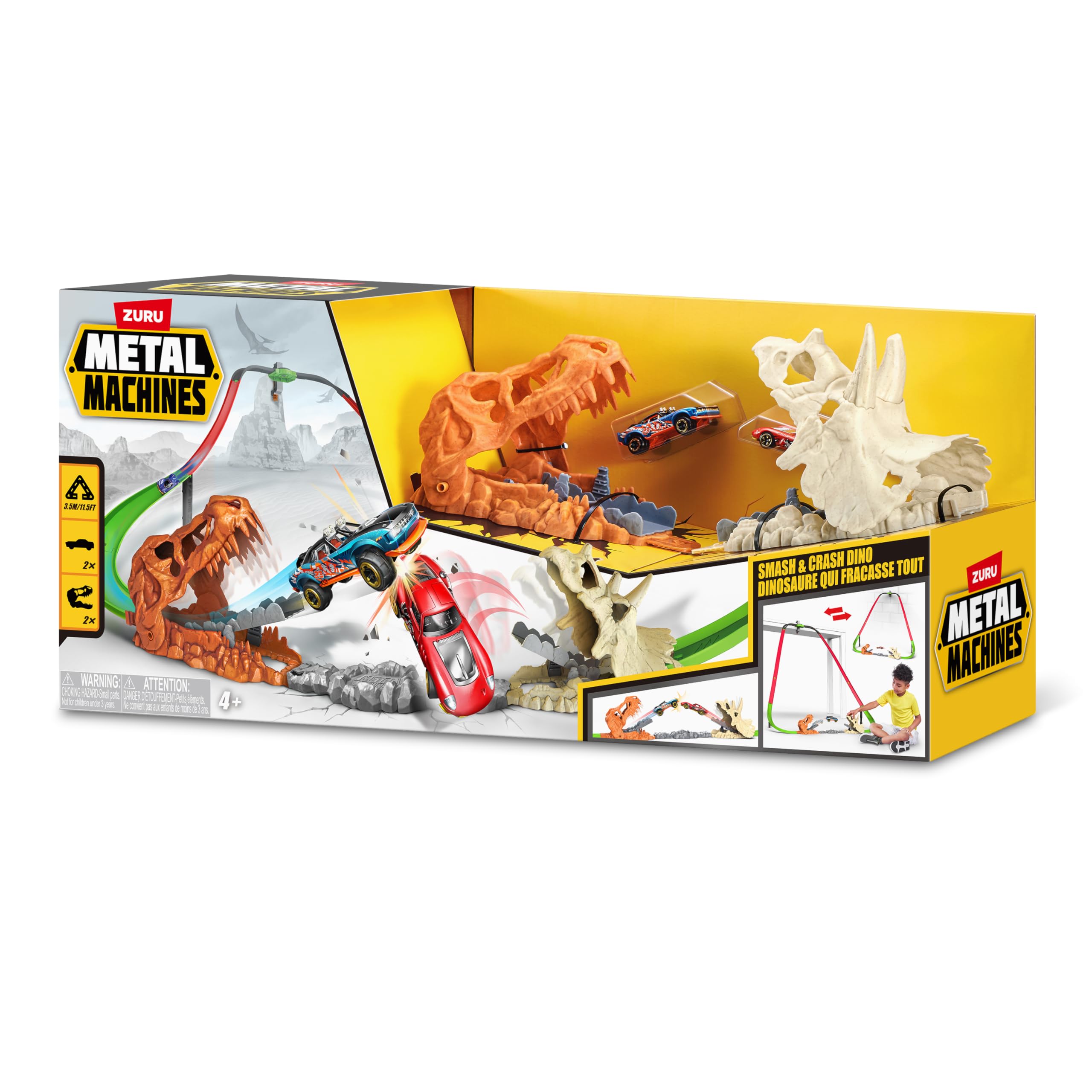 Metal Machines Smash and Crash Dino Playset by ZURU - Playset con pista costruibile con 2 auto Metal Machines, per bambini dai 4 anni in su