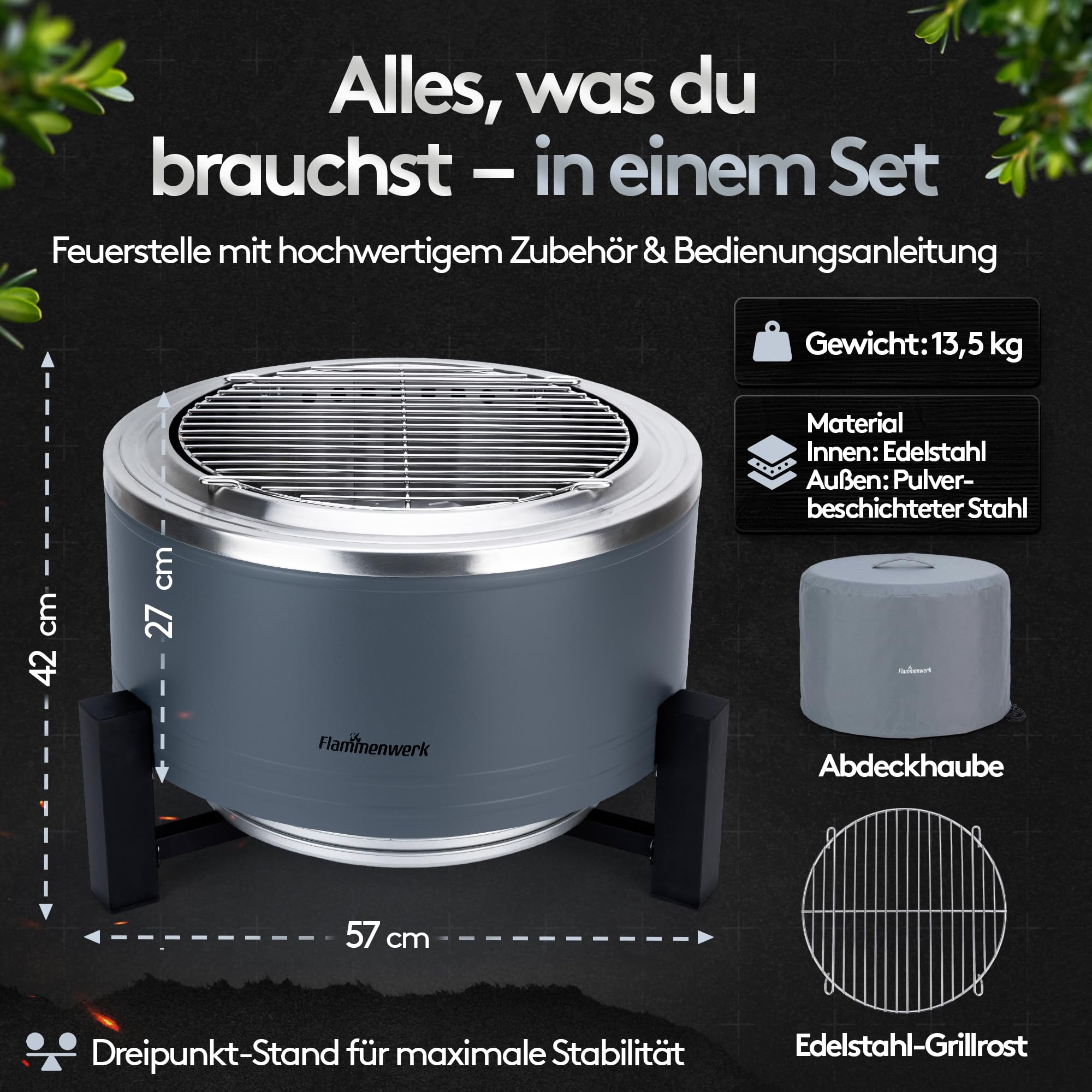 Rauchfreie Edelstahl Feuerschale Ø 56 cm| Raucharm Dank Turbo-Brenner | 2-in-1 Feuerstelle & Grill für Garten, Camping & Terrasse | Feuertonne & Feuerkorb für Holz & Pellets ohne Rauch Flammenwerk