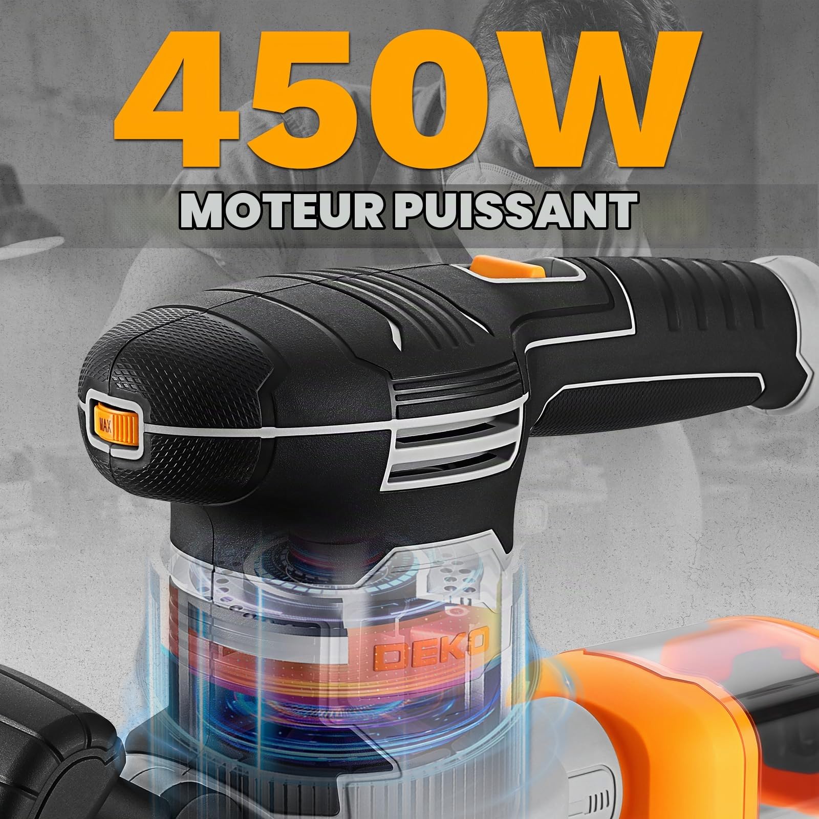 DEKOPRO Ponceuse Excentrique 450W φ125mm: Ponceuse Orbitale 14000RPM, avec 16 Pièces Papier Abrasif, Collecteur de Poussière, pour Bois, Acier, Polissage de Précision