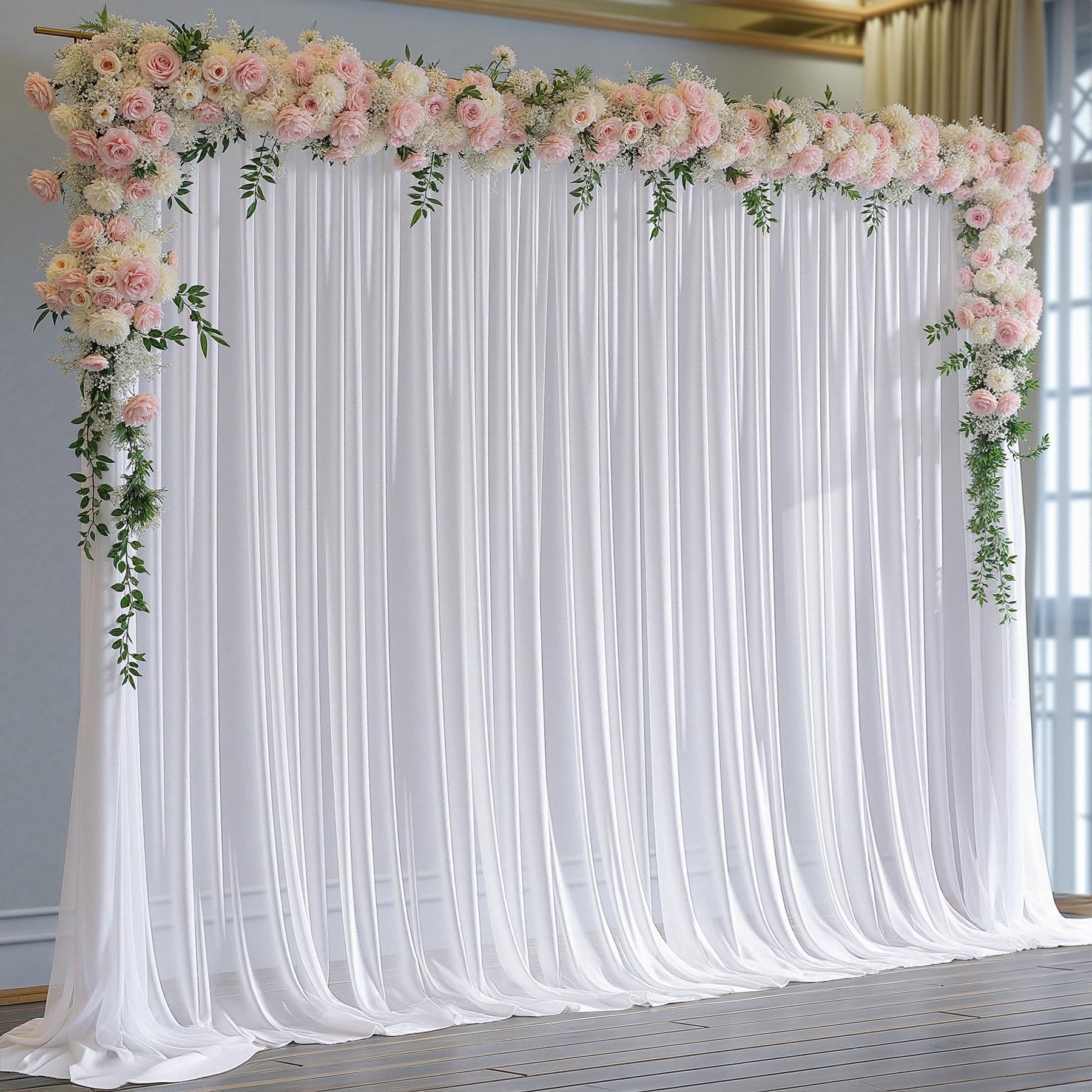 View 1 of 10x10FT White Sheer Tulle Backdrop Curtains for Wedding Parties,2 Pack Photo Backdrop Curtains Ceiling Drapes for Birthday Party Baby Shower,Arch Fabric Background with Rod Pocket for Home Decorations