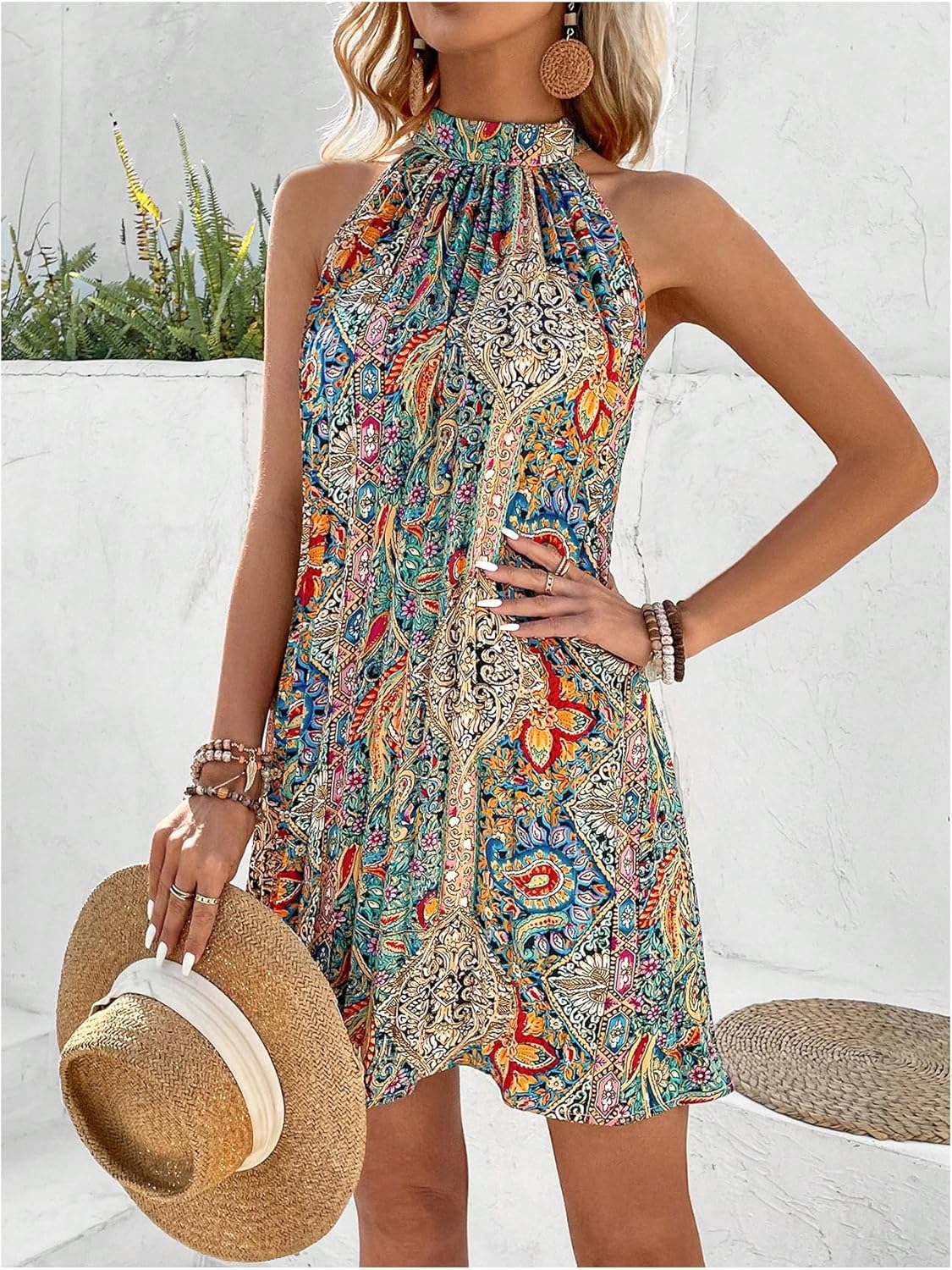 Floerns Women's Paisley Print Pleated Halter Dress Sleeveless A Line Short Dresses - Image 4