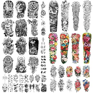 Yazhiji 36 Sheets Temporary Tattoos Stickers, 12 Sheets Fake Body Arm Chest Shoulder Tattoos for Men or Women with 24 Sheets Tiny
