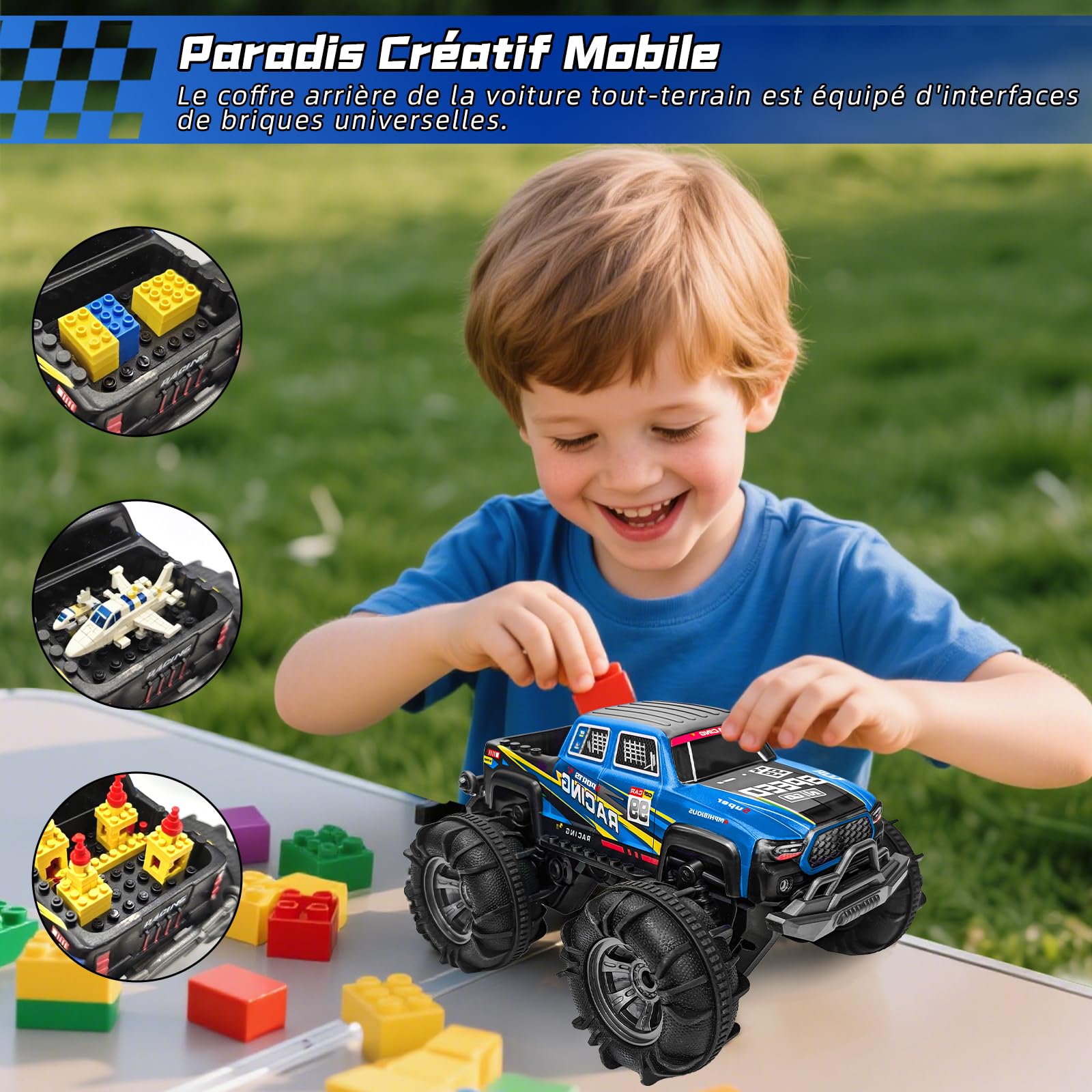 Charmofun Voiture Télécommandée Tout Terrain Amphibie, 4WD Voiture Stunt Tout-Terrain avec Lumières LED et 2 Batteries, 2,4 GHz Monster Truck Télécommandé Cadeau pour Enfant 6-12 Ans