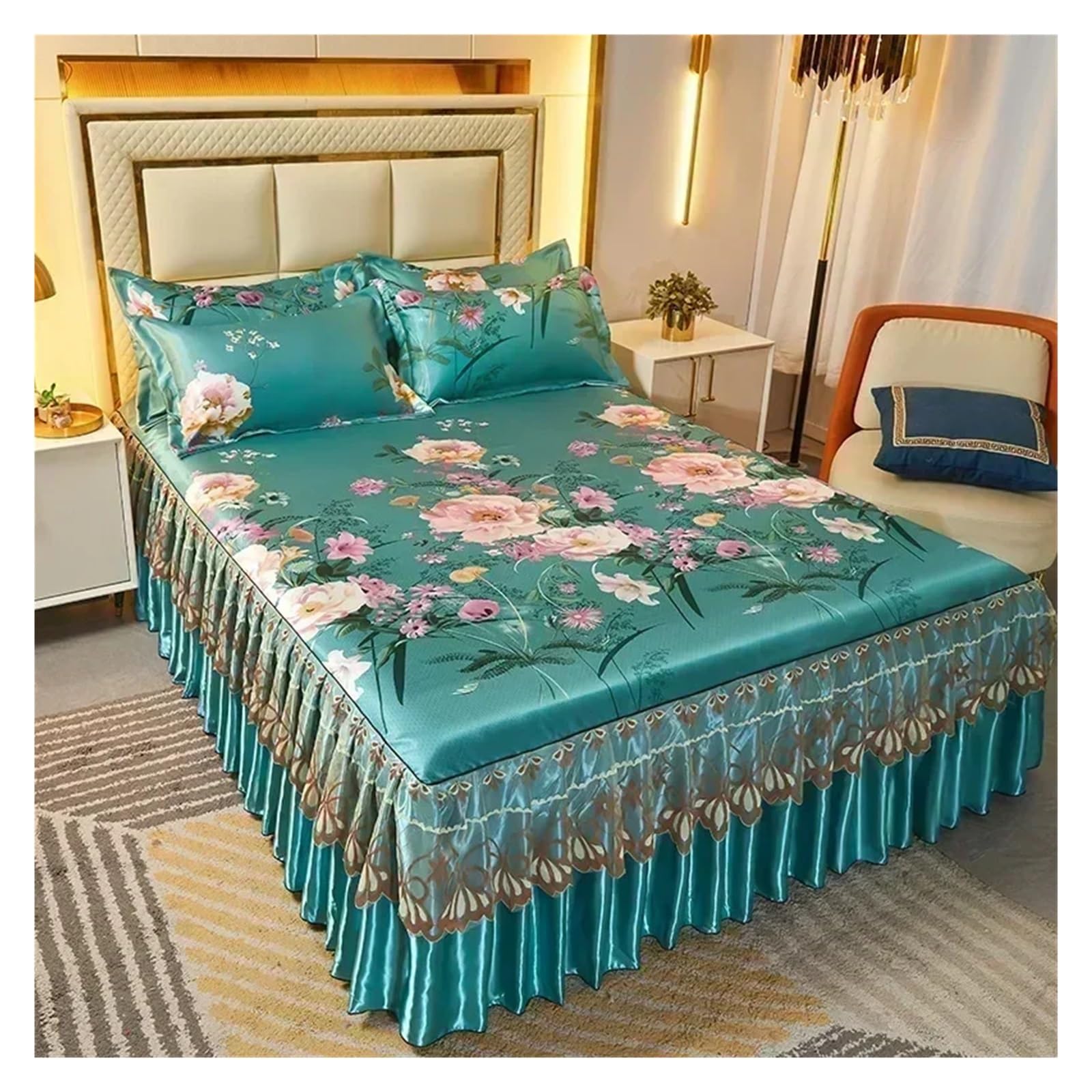 Bedding Set Folding Embroidered Sheets Bedding Bed Skirt King Queen Size Bed Sheet Set with Pillowcases(Color 7,3 pcs 180x220cm)