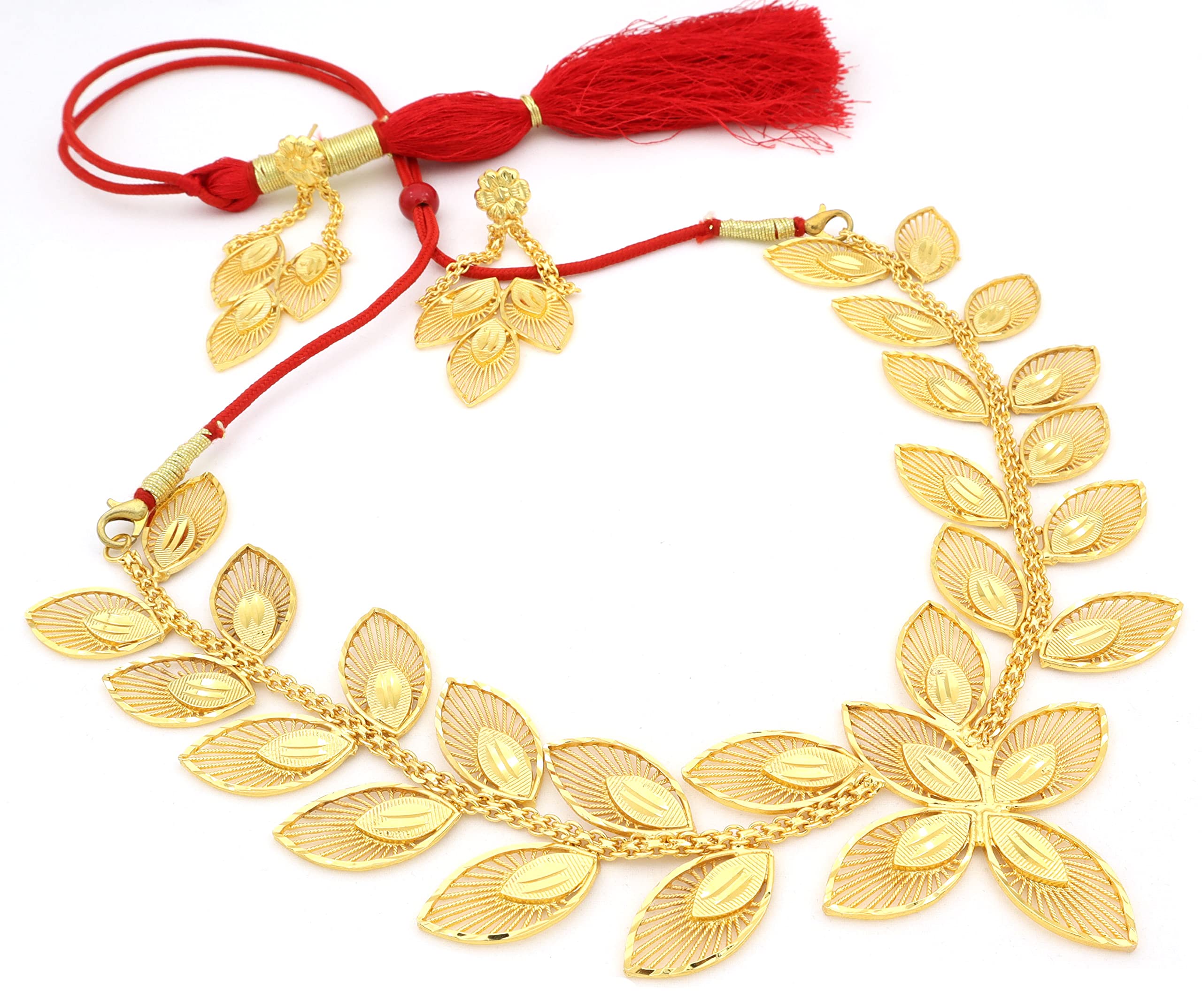 UpalaGold Plated Big Leaf Motif Designed Necklace Set With Adjustable Tassel For Women