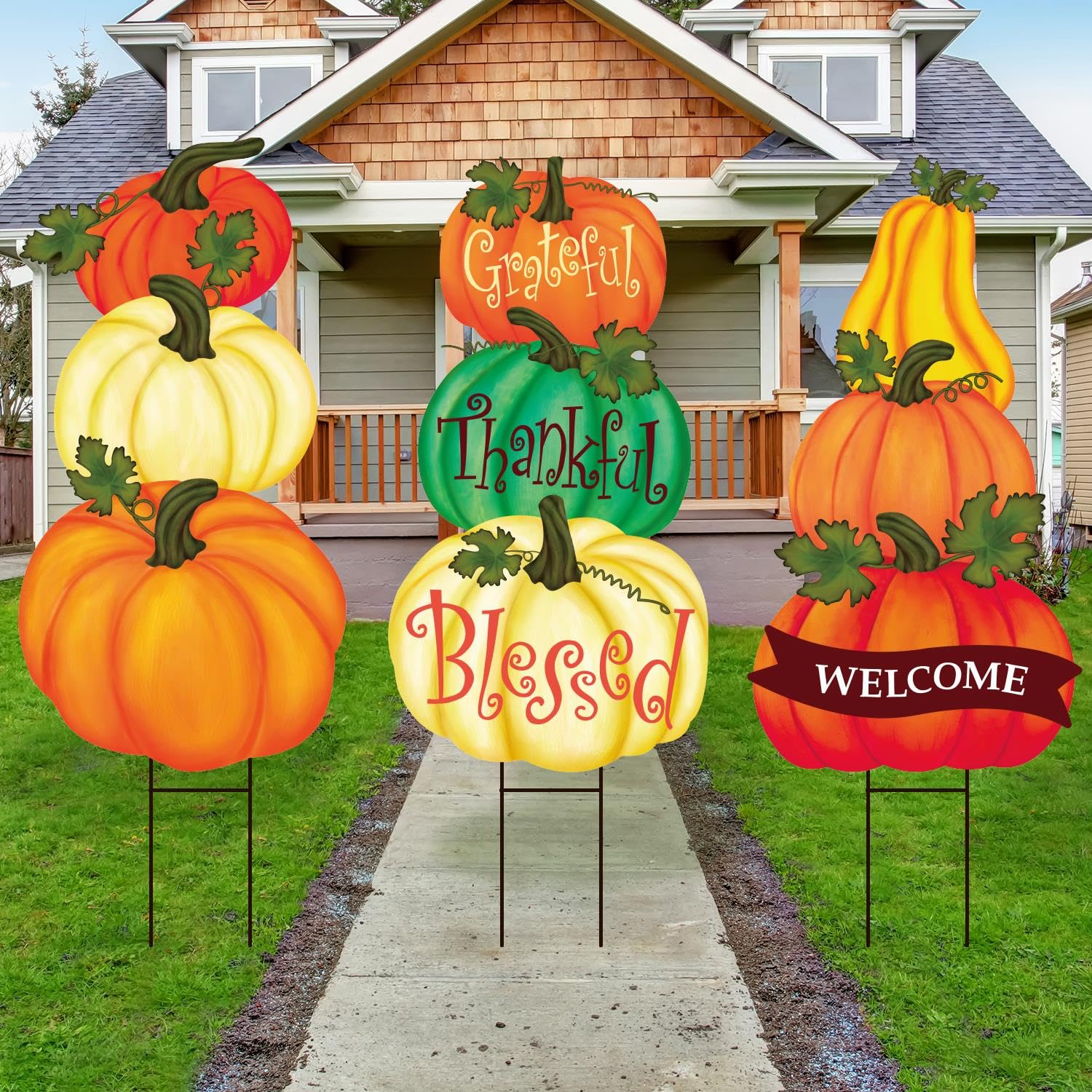 9PCS Pumpkin Yard Signs Fall Yard Stakes Thanksgiving Outdoor Decorations Harvest Autumn Lawn Decorations Weatherproof Yard Signs for Garden Home Lawn Patio Walkway Decorations, grateful thankful blessed