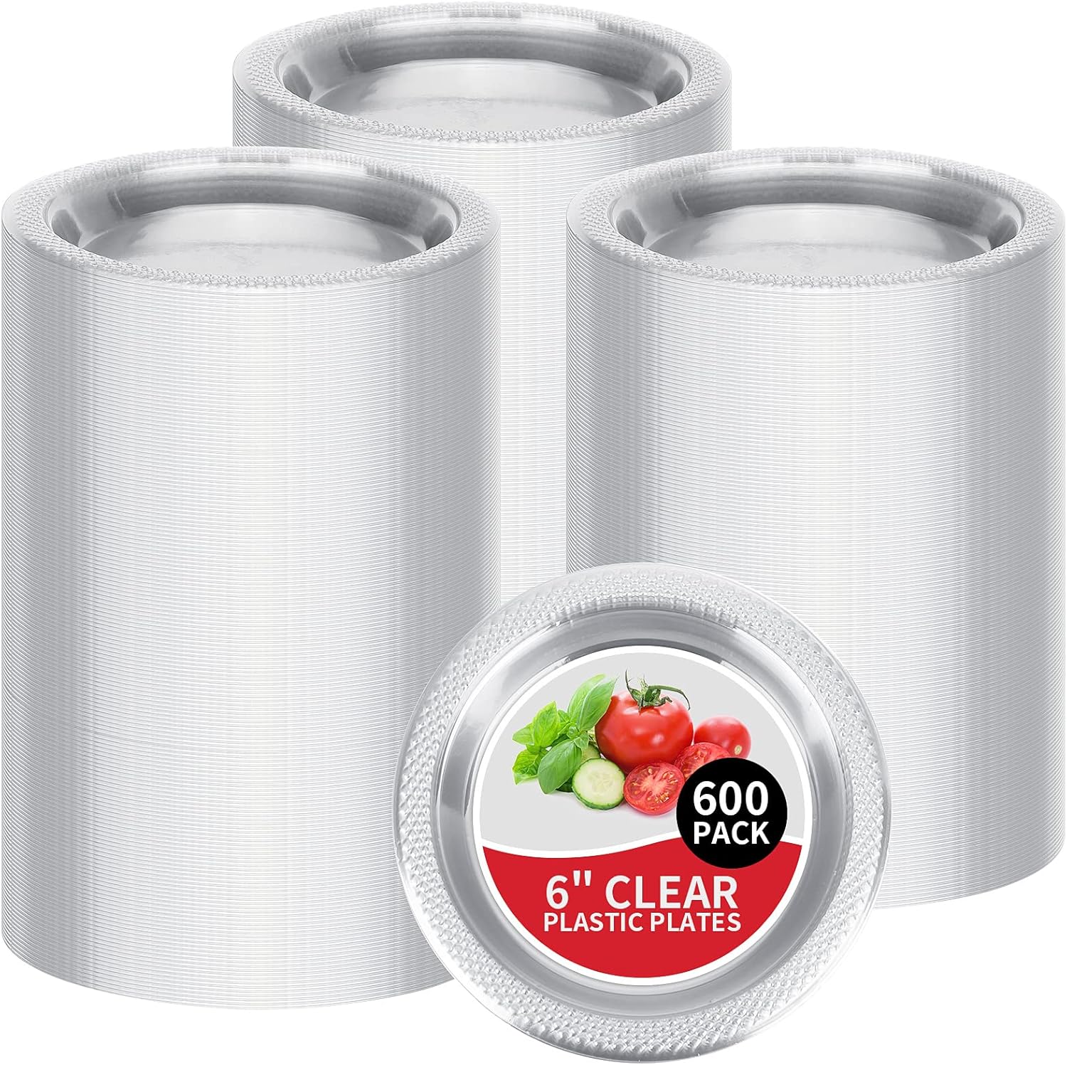 Sabary 600 Count Clear Plastic Plates 6 Inch Plastic Dessert Plates Round Clear Disposable Dinner Dish for Home Wedding Christmas Party Picnic Restaurant Catering