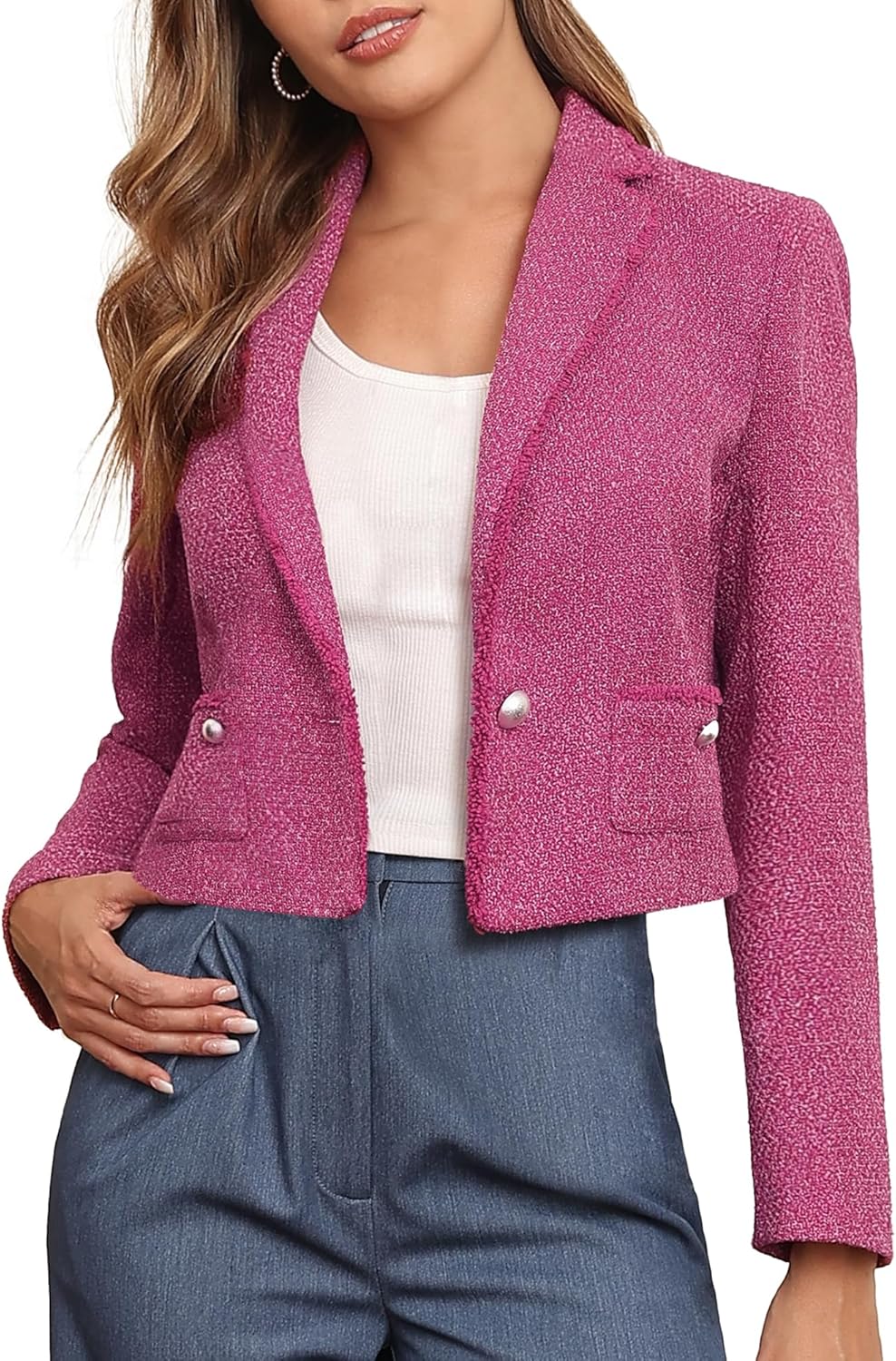 M.Infisavo Women’s Cropped Tweed Jacket Blazer with Pockets Long Sleeve Open Front Notch Lapel Cardigan Elegant for Casual