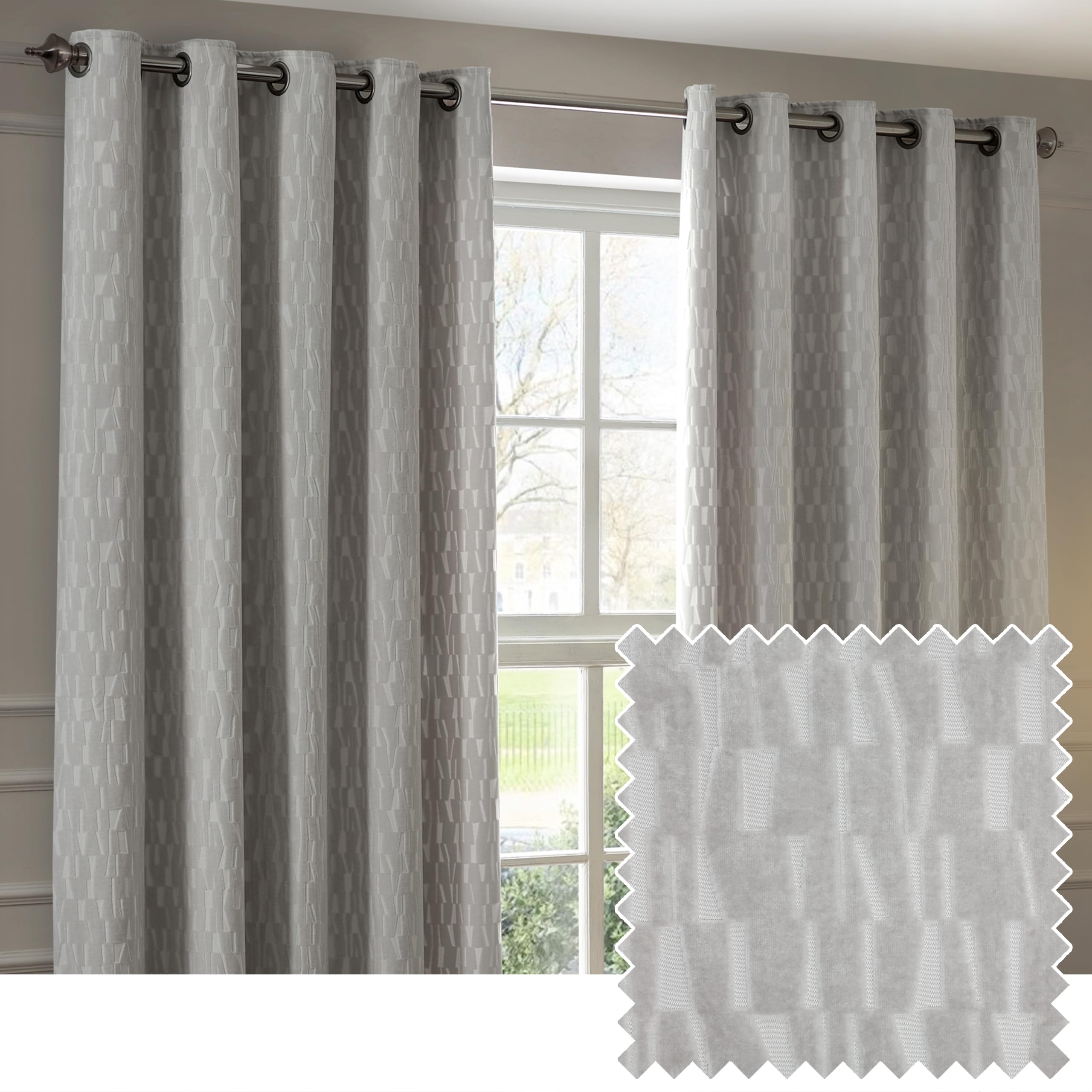 Paoletti Manhattan Room Darkening Eyelet Curtain Pair  Elegant Velvet Geometric Textured Lined Ring Top Drapes (Silver - 229x183cm)