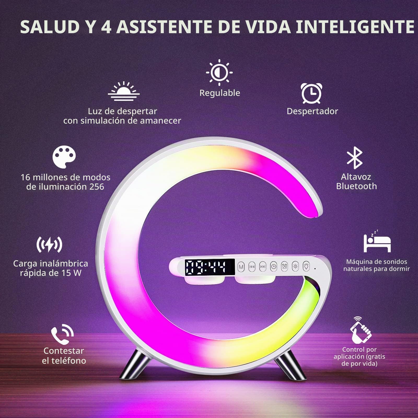 Lámpara de Mesa LED Inteligente, Lámpara de Ambiente con Cargador Inalámbrico, Altavoz Bluetooth Lámpara de Luz Nocturna Regulable, Reloj Despertador con Sincronización de Música (Blanco)