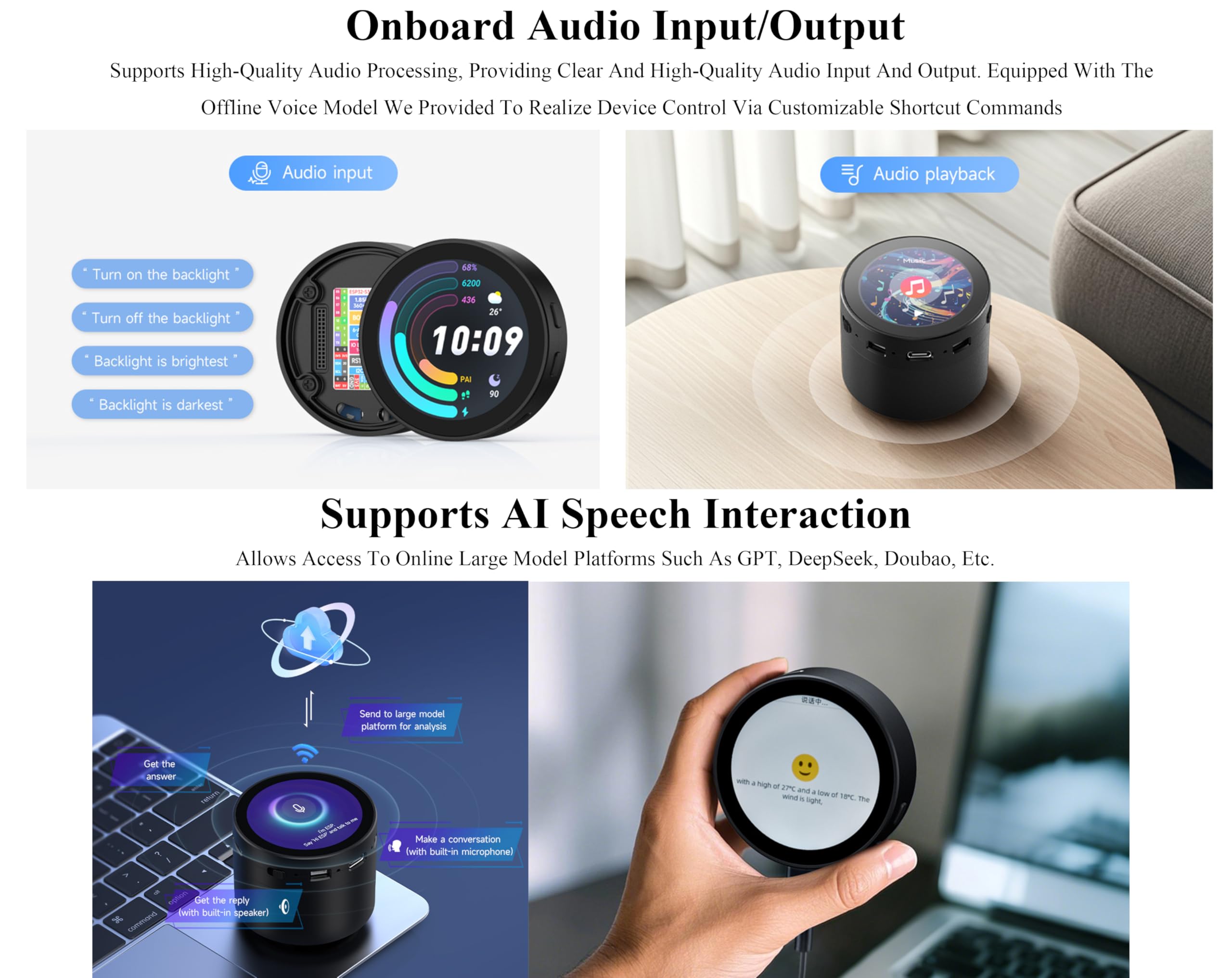 ESP32-S3 1.85inch Round Touch LCD Development Board, 360x360, Supports Wi-Fi & BLE 5, AI Speech, Smart Speaker Box, Support AI Interaction and Offline Voice Control, with Speaker Box