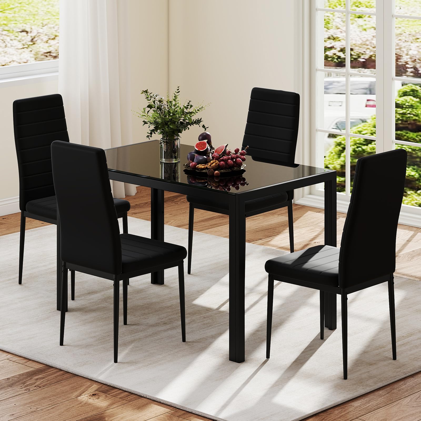 LIFEZEAL Tavolo da pranzo rettangolare 120 x 70 x 75 cm, piano in vetro temperato con gambe metalliche resistenti, capacità 90 kg, stile moderno per cucina e sala da pranzo, nero