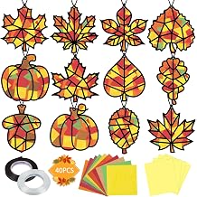 Renbuzhu 40PCS Fall Crafts Bulk Leaves Pumpkins Paper Suncatchers DIY Kit for Autumn Thanksgiving Activities Decorations, Window Stained Glass Effect Art SuppliesBlack Frame