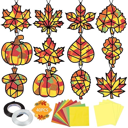 Renbuzhu 40PCS Fall Crafts Bulk: Leaves Pumpkins Paper Suncatchers DIY