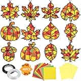 Renbuzhu 40PCS Fall Crafts Bulk: Leaves Pumpkins Paper Suncatchers DIY Kit for Autumn Thanksgiving Activities Decorations, Window Stained Glass Effect Art Supplies(Black Frame)