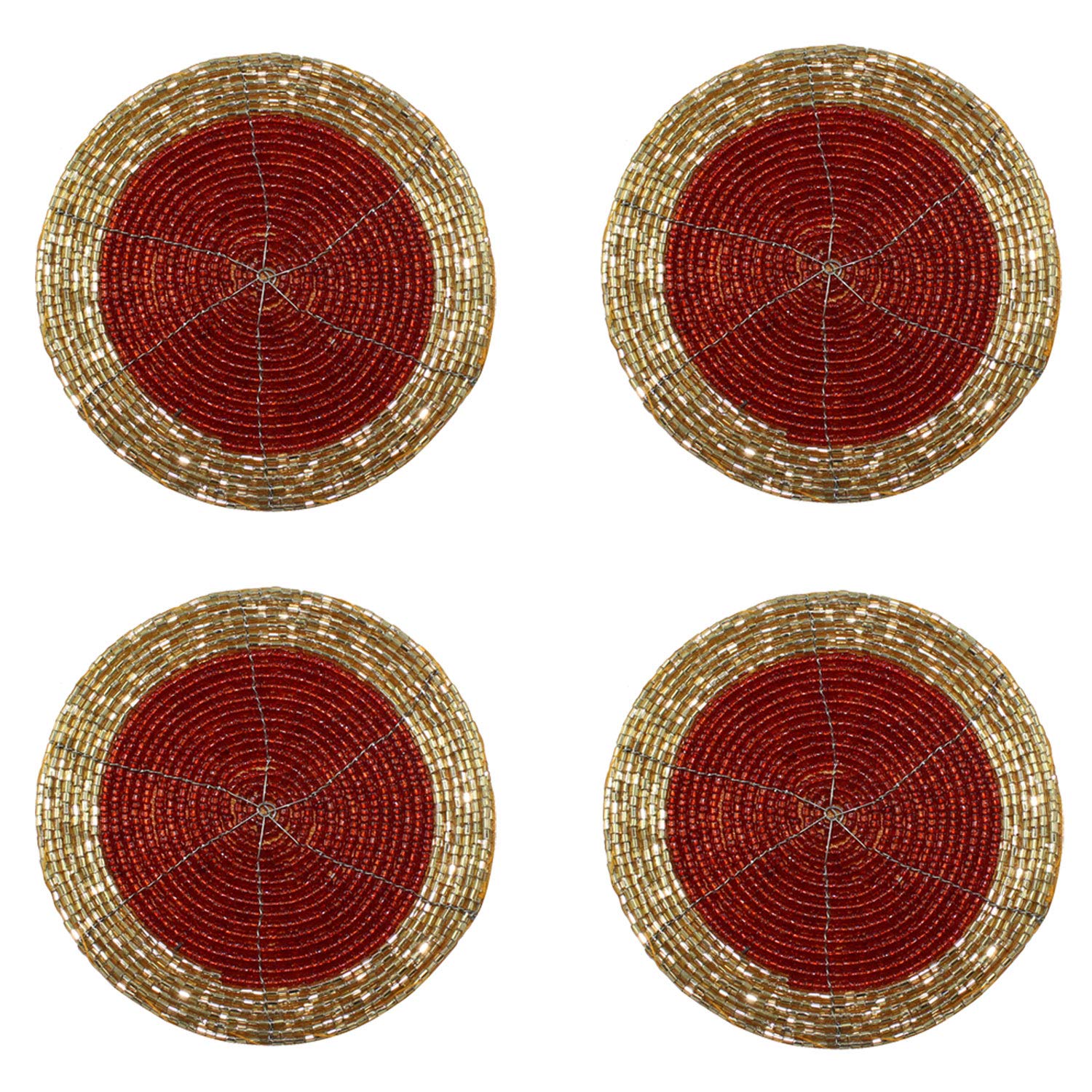 Home Sajja Red & Golden Round Glass & Polyester Beaded Coasters Set of 4