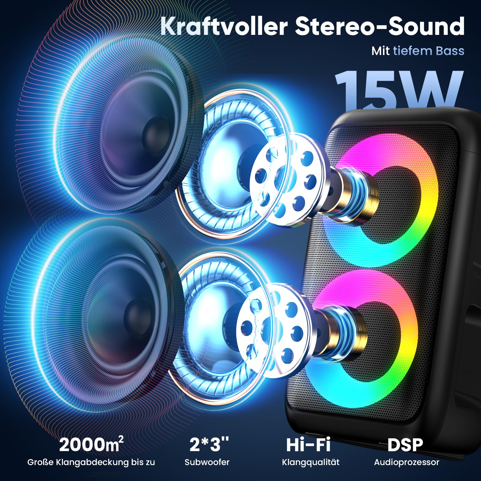 Musikbox Bluetooth Groß mit 2 Mikrofonen, tragbarer 3-in-1 Bluetooth Lautsprecher, Partybox Bluetooth mit Licht, Party-Lautsprecher Outdoor Indoor, Außenlautsprecher für TV, Smartphone und Tablet
