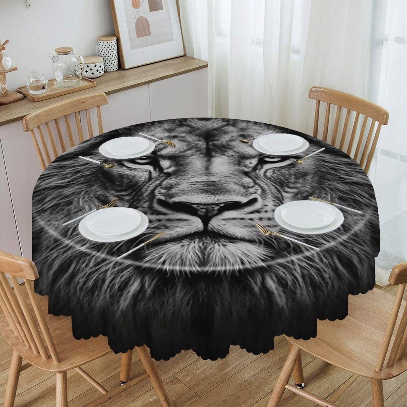 VstaDank Black and White Lion Head Round Tablecloth Wipeable Round Polyester Tablecloth Waterproof Wrinkle Free Indoor and Outdoor Table Cover 60 Inch Decorative Farmhouse Table Cloth for Dining