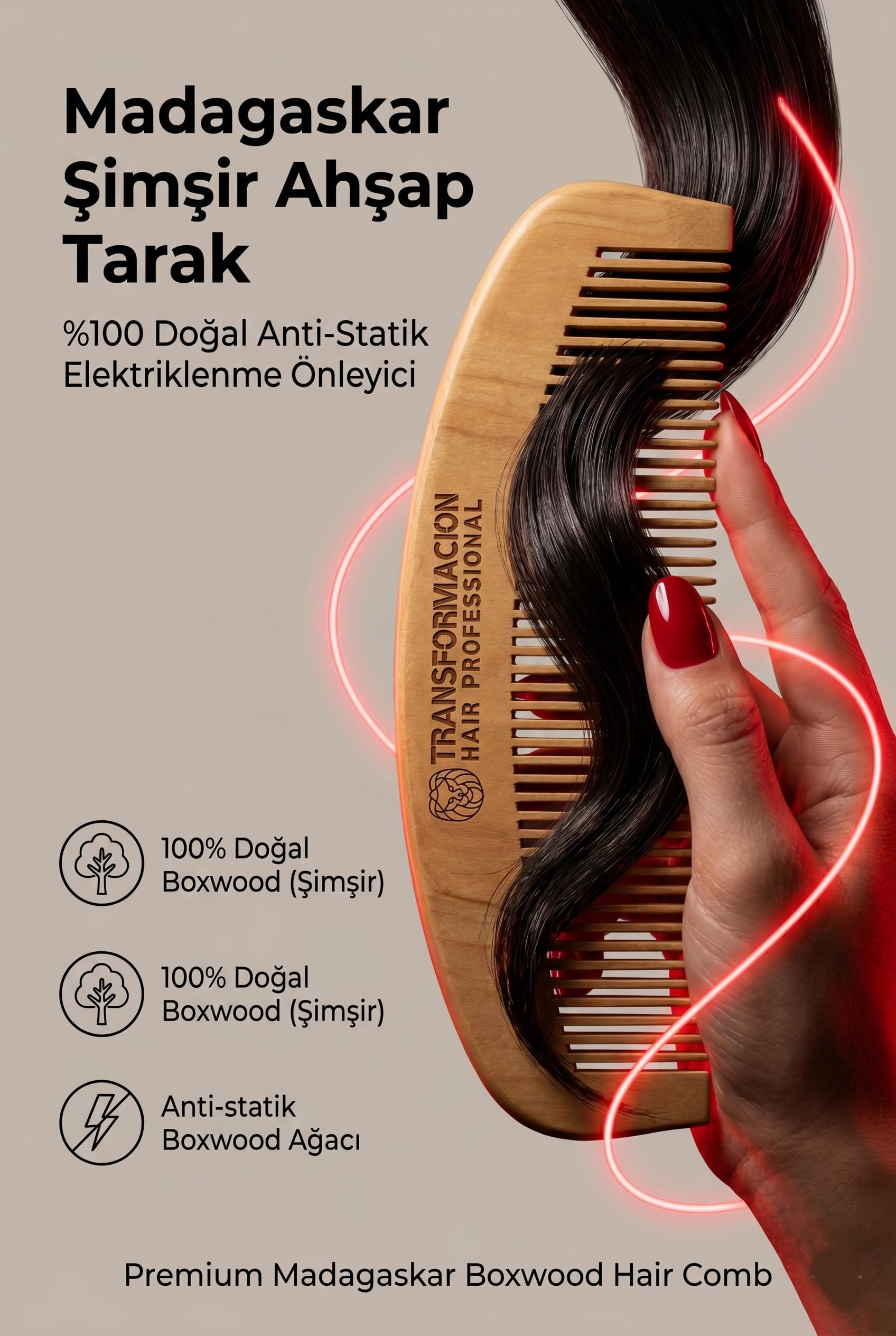 Transformacion%100 Doğal Madagaskar Şimşir Ahşap Tarak - 16 cm Anti-Statik Elektriklenme Önleyici El Yapımı Saç Derisi Masaj Tarağı Kepek Karşıtı Organik Saç Açma Tarağı 722266