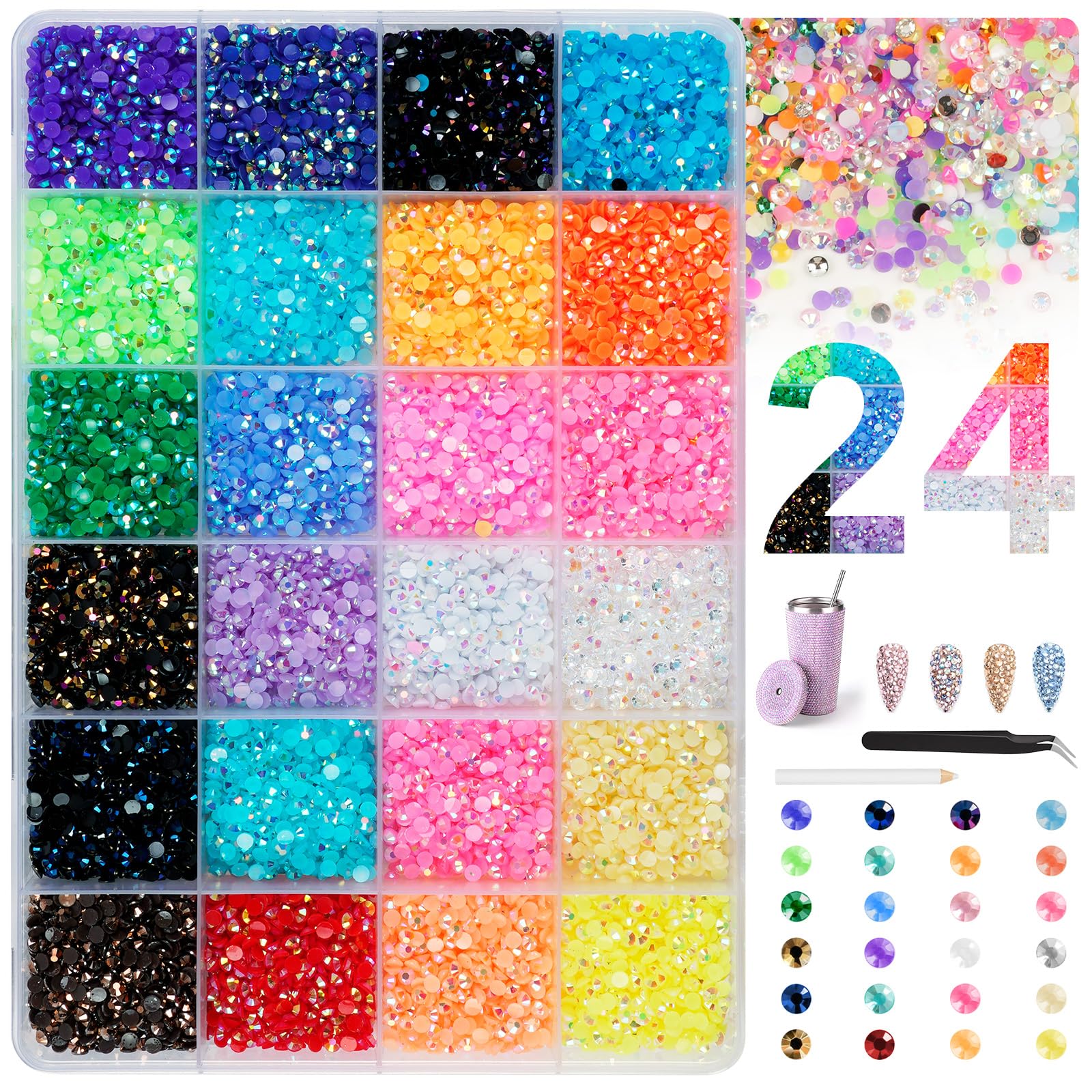 AOOWU 24000 Strass Unghie, Kit Brillantini per Unghie con Pinzette e Matita, 3mm, 24 Colori DIY Bedazzling Rhinestones, per Lavori Creativi, Nail Art, Custodie per Cellulari, Cornici per Foto