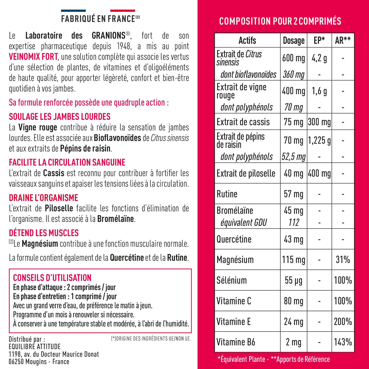 GRANIONS – VEINOMIX FORT – Circulation Sanguine Jambes & Retention D'eau Drainant Puissant – Vigne Rouge Circulation + Cassis + Piloselle + Magnésium – Jambes Lourdes – 90Comprimés – Cure 3Mois