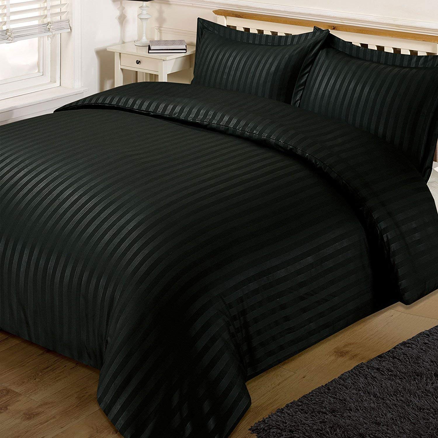 YKC Glace Cotton Satin Striped Plain Color King Size Bedsheet for Double Bed with Two Pillow Covers (Black - 90 x 100 Inch) (B0B1MJNQ3F) Amazon Price History, Amazon Price Tracker