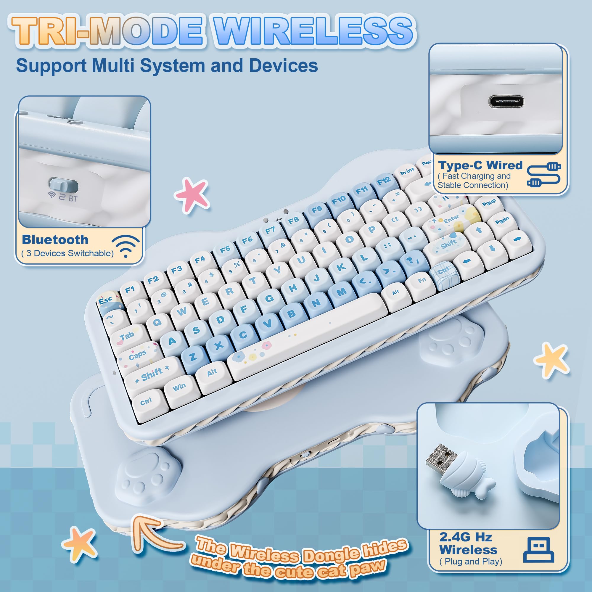 YUNZII C75 Tastiera Meccanica Wireless Gaming, 75% Compatto, Bluetooth/2.4G/USB-C, Hot-Swap, Retroilluminazione RGB, Gasket Mount, NKRO QWERTY Design Dolce per PC/Mac (Blu, Milk V2 Linear Switch)