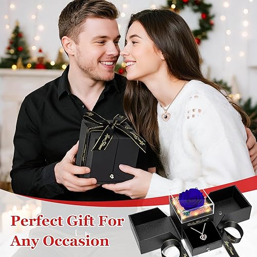 Miniatura 7 de Flor de rosa azul preservada iluminada con collar, regalos de cumpleaños para mujeres, regalos de rosa de Navidad para su madre, esposa, abuela,