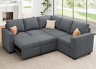 HONBAY Modular Sectional Sleeper Sofa with Pull Out Bed, Chenille L Shap...