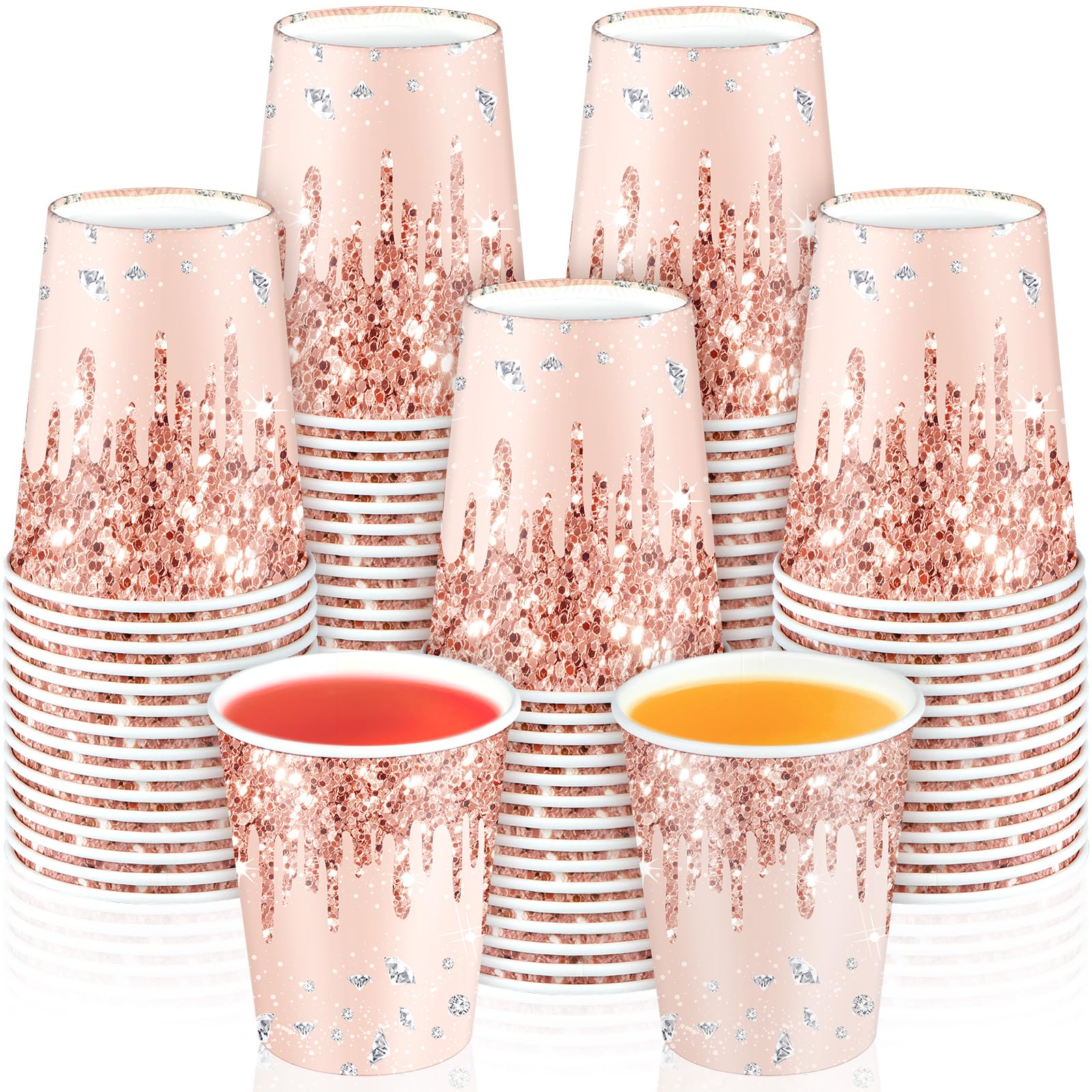 CHUNNIN 50Pcs Rose Gold Birthday Party Paper Cups 9oz Pink Golden Party Cups Supplies Rose Gold Theme Party Disposable Cup for Women girls Birthday