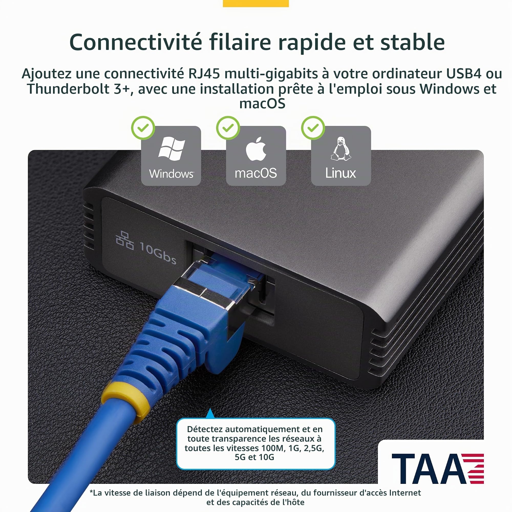StarTech Adaptateur USB4 vers Ethernet 10GbE (USB4-10GBE-ETHERNET) | Carte Réseau Externe 10Gb, Thunderbolt 5/4/3, 10/5/2.5/1Gbps/100Mbps, Boîtier aluminium, Wake-on-LAN