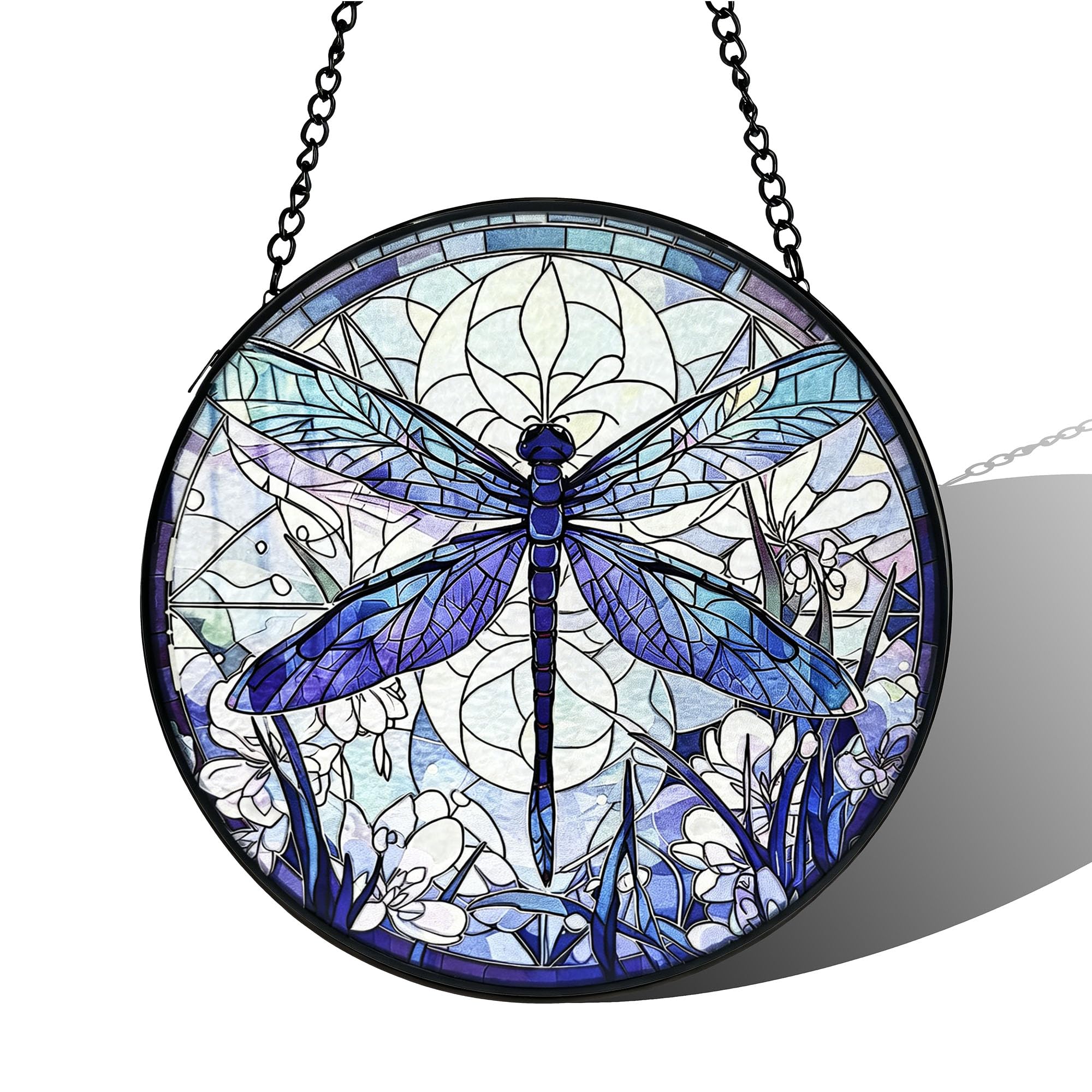Stained Acrylic Puzzle Suncatcher,7.4in Blue Dragonfly Whimsical Backyard Patio Decor