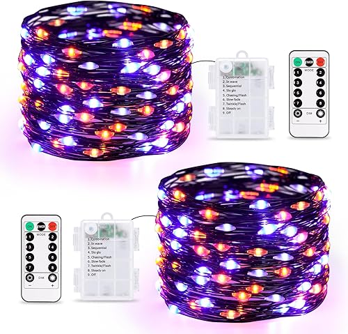 JMEXSUSS Paquete de 2 luces de Halloween naranjas y moradas que funcionan con pilas, total de 200 luces LED de 66 pies con control remoto, 8 modos