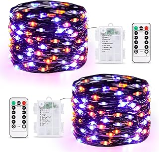 JMEXSUSS 2 Pack 100 LED Orange and Purple Halloween Lights Battery Operated, 33ft Halloween Fairy Lights with Remote, 8 Modes Halloween String Lights for Fireplace Porch Tree Centerpiece Wreath Decor